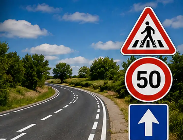 Route avec marquage au sol et panneaux de signalisation - Baumann Signalisation Haut-Rhin