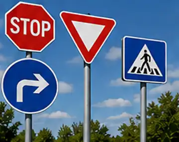 Panneaux de signalisation verticale STOP, cédez-le-passage et passage piéton